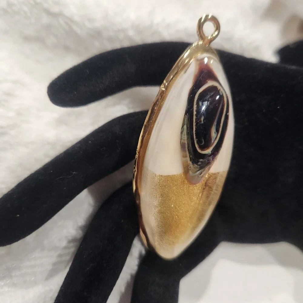 Vintage Gold Tone Pendant Marquise Abstract Resin White Gold Black Swirl chunky